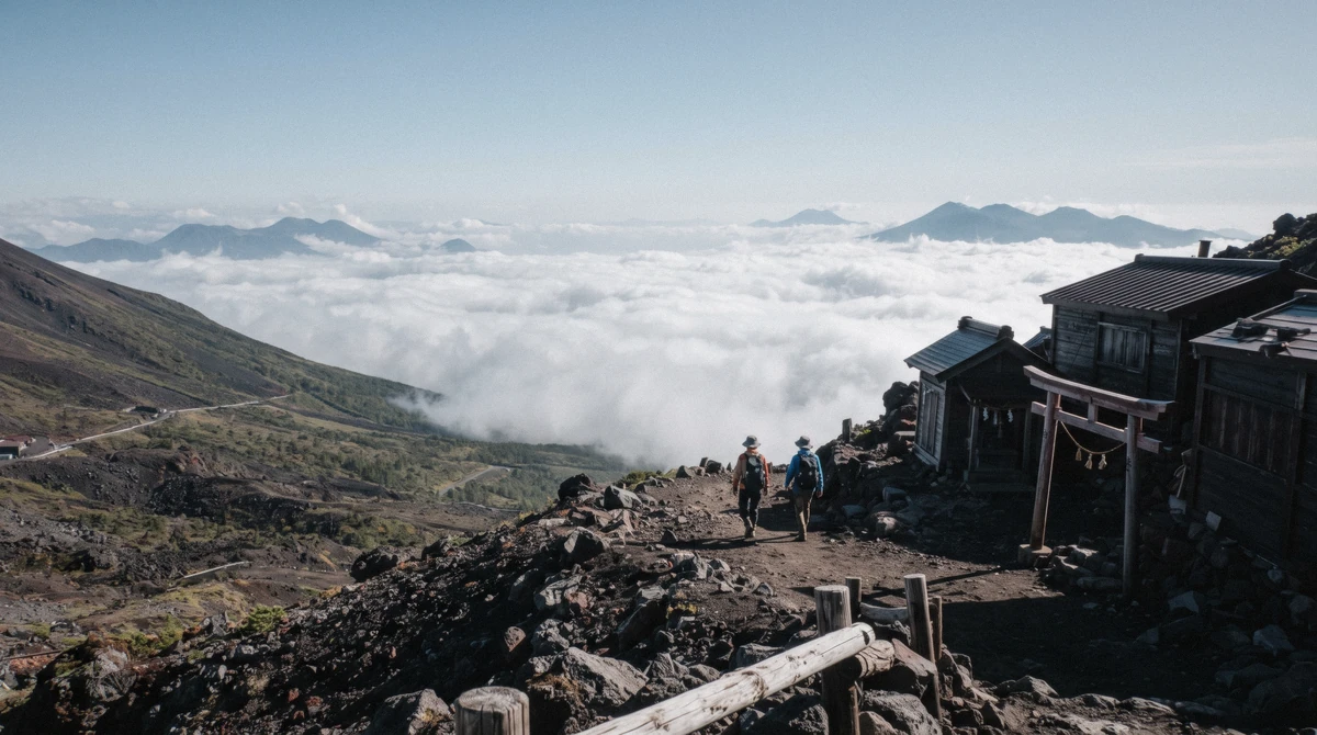 The Subaru Line 5th Station buildings above the clouds on a mt fuji 5th station kawaguchiko ropeway tour, Yamanashi, Japan
