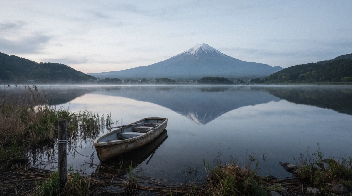 Mount Fuji rising over the calm water of Lake Kawaguchi on a mt fuji day tour with gotemba outlets, Yamanashi, Japan