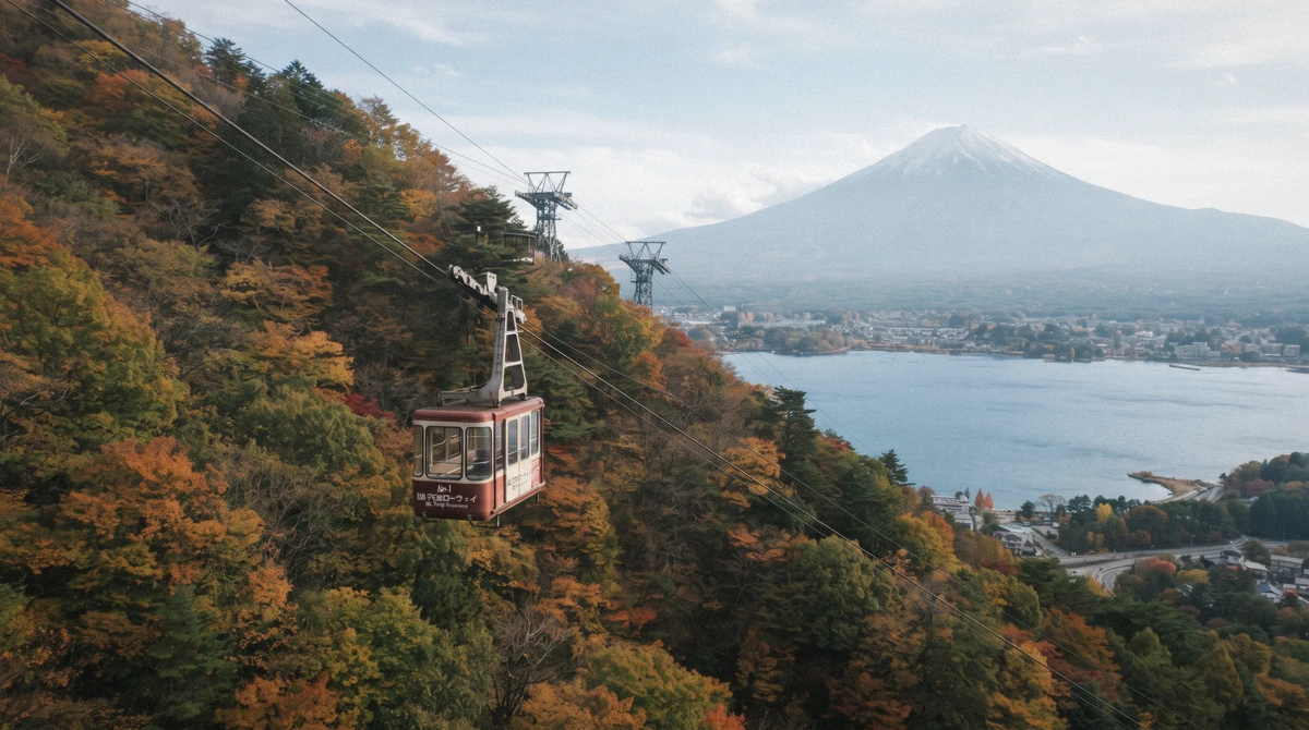 The Kachi-Kachi ropeway cabin climbing Mount Tenjo above Lake Kawaguchi on a mt fuji 5th station kawaguchiko ropeway tour, Japan