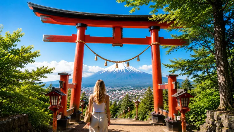 Chureito Pagoda framed against Mount Fuji on a fuji five lakes tour near Lake Kawaguchi, Japan