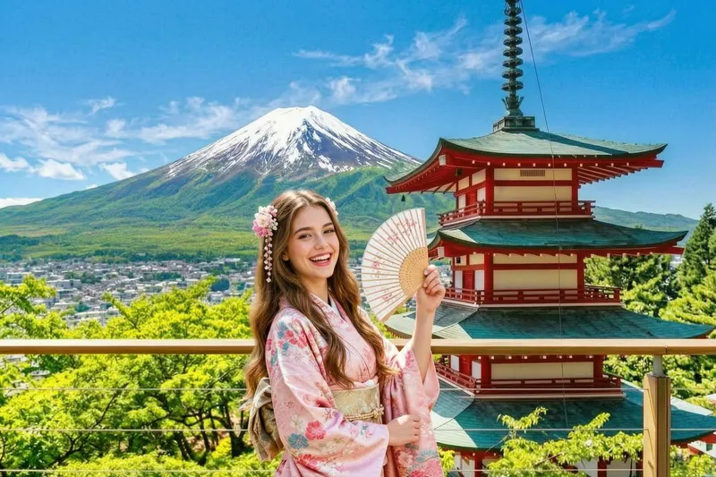 Mount Fuji reflected in Lake Kawaguchi from Oishi Park on a fuji five lakes tour, Yamanashi, Japan